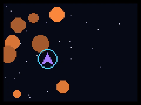 Cosmic Dodge retro arcade game showing a ship surrounded by drifting meteors with a dash ring around it