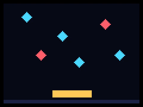 Neon Catcher retro arcade game showing falling objects above a catcher paddle at the bottom of the screen