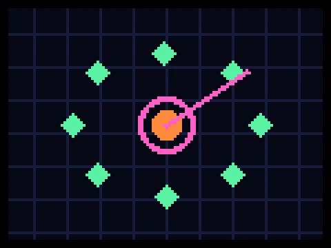 Neon Defender retro arcade game showing a rotating cannon defending a glowing core from enemies converging on a ring
