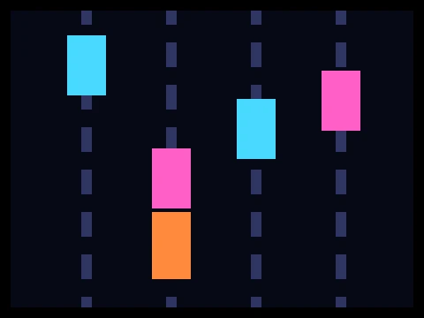 Neon Highway retro arcade game showing five lanes of traffic seen from above with a player car changing lane
