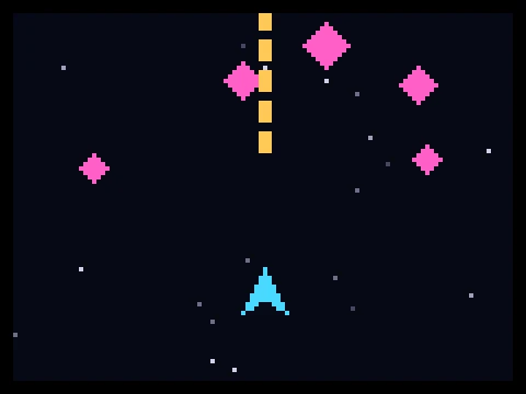 Pixel Blaster retro arcade game showing a player ship firing upward at diamond-shaped enemies over a starfield
