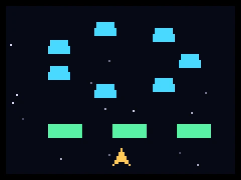 Pixel Invaders retro arcade game showing a ring formation of enemies above shield blocks and a player ship