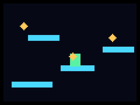 Pixel Jumper retro arcade game showing stacked platforms with a jumping figure and scattered collectible gems
