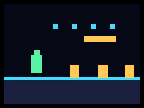 Pixel Runner retro arcade game showing a running figure clearing low blocks and a raised beam on a scrolling track