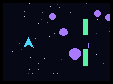 Starship Sprint retro arcade game showing a small starship weaving between meteors and an energy gate
