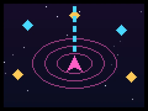 Ultimate Retro Arcade retro arcade game showing a player ship firing upward surrounded by orbital rings and collectibles