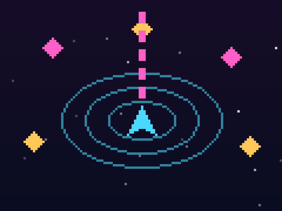 Original retro arcade artwork showing a player ship, orbital rings and collectible items